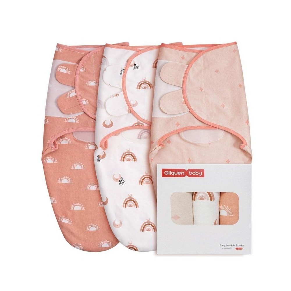 Gllquen Baby Unisex Swaddle Wrap Pink Tan White 3-Pack Swaddle Blanket Size 0-3M